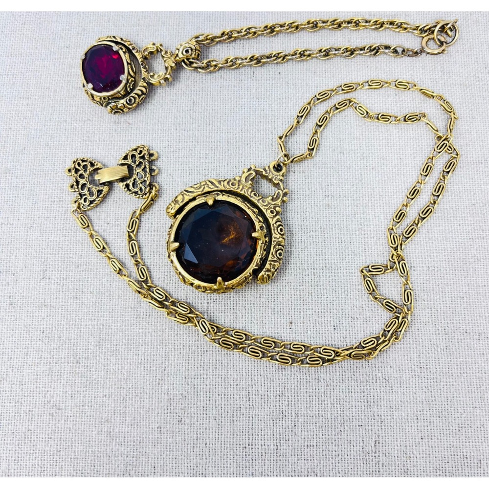 Vintage Goldette Victorian Revival Gold-Tone Rotating Amber Glass Fob Necklace